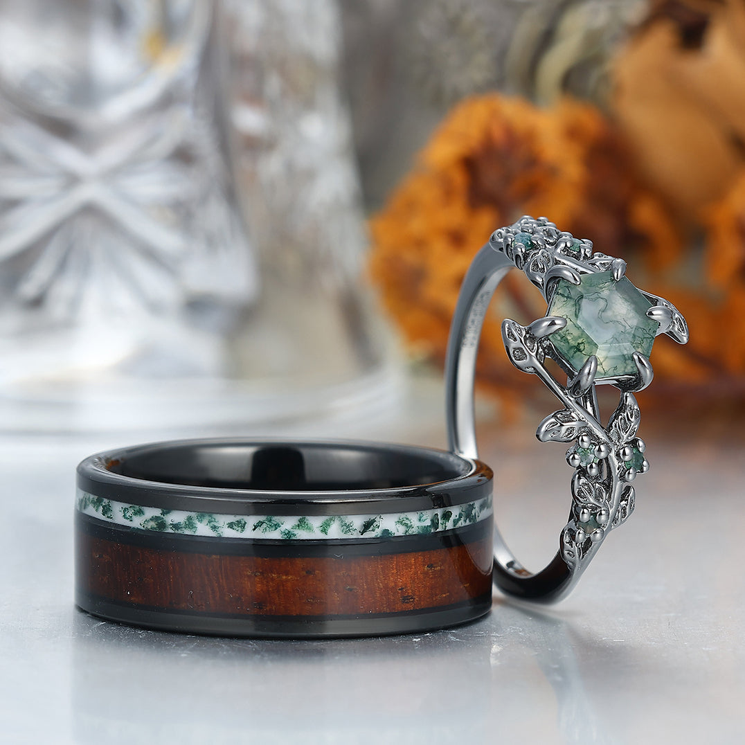 Moss Agate Sprigs Engagement Couple Rings Wood Tungsten Matching Wedding Rings
