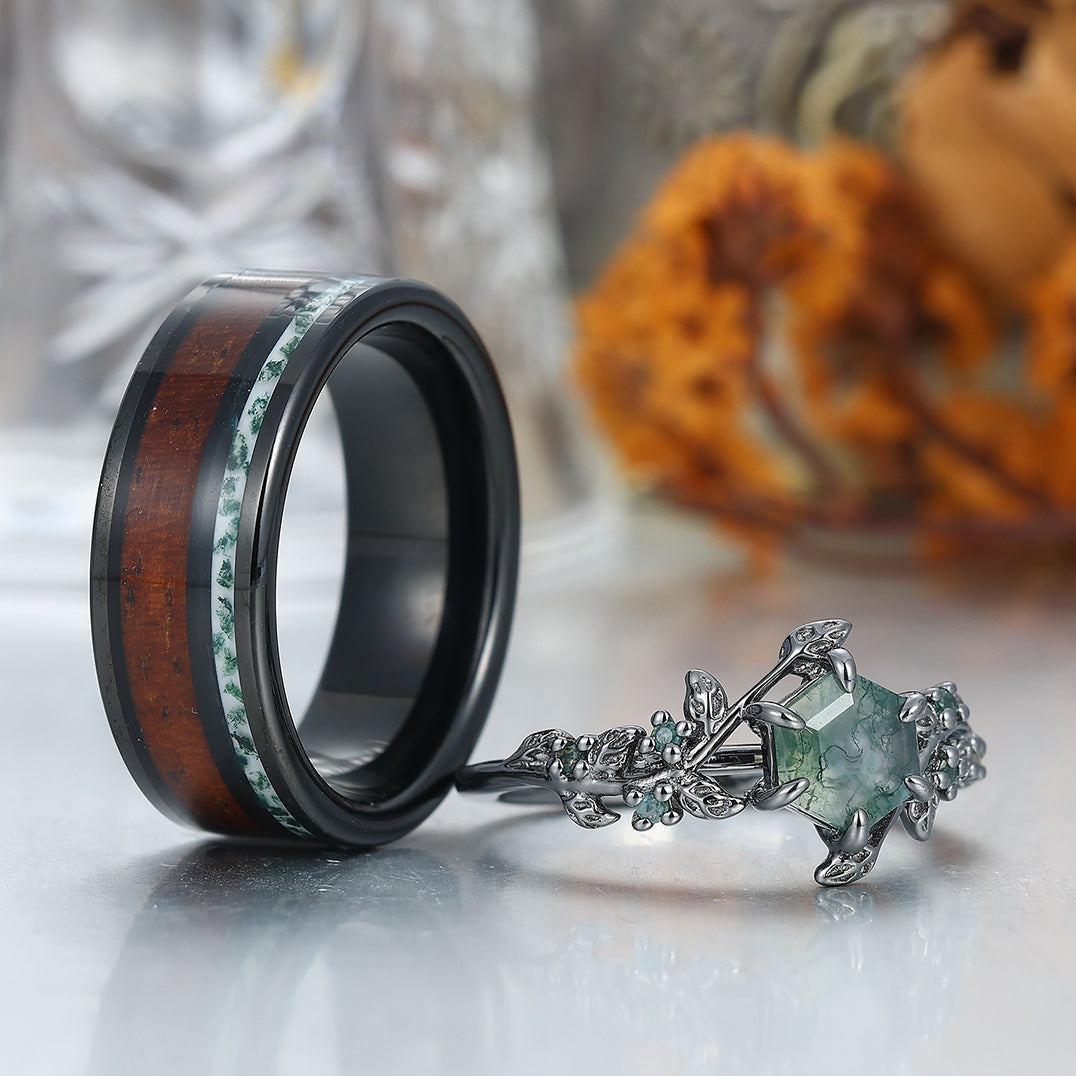 Moss Agate Sprigs Engagement Couple Rings Wood Tungsten Matching Wedding Rings