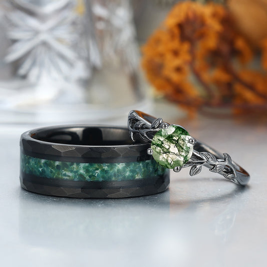 Solitaire Round Cut Moss Agate Couples Ring Set Silver And Green Tungsten Matching Ring