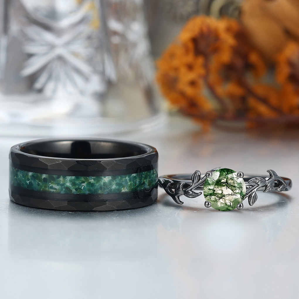 Solitaire Round Cut Moss Agate Couples Ring Set Silver And Green Tungsten Matching Ring