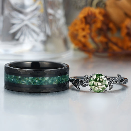 Solitaire Round Cut Moss Agate Couples Ring Set Silver And Green Tungsten Matching Ring