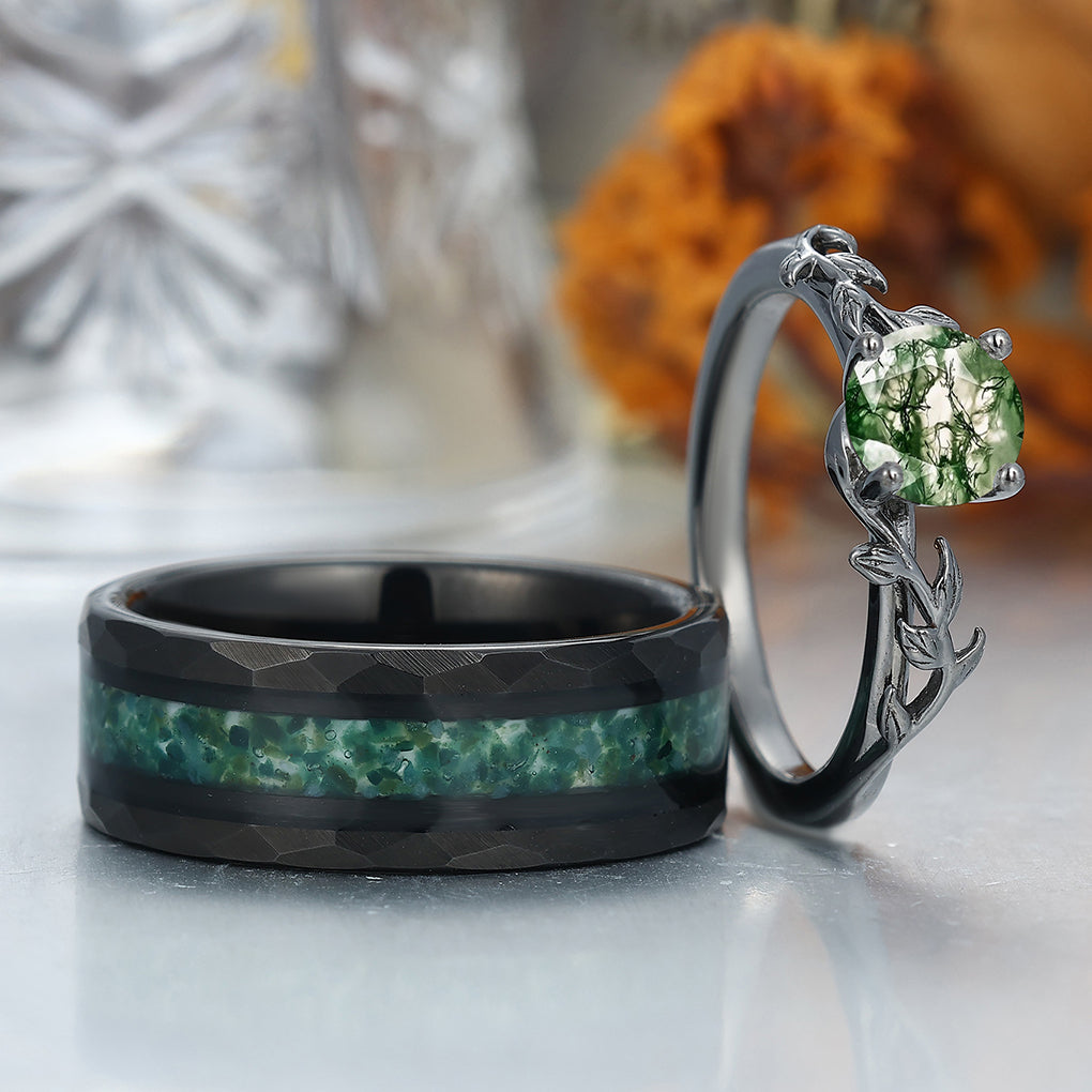 Solitaire Round Cut Moss Agate Couples Ring Set Silver And Green Tungsten Matching Ring