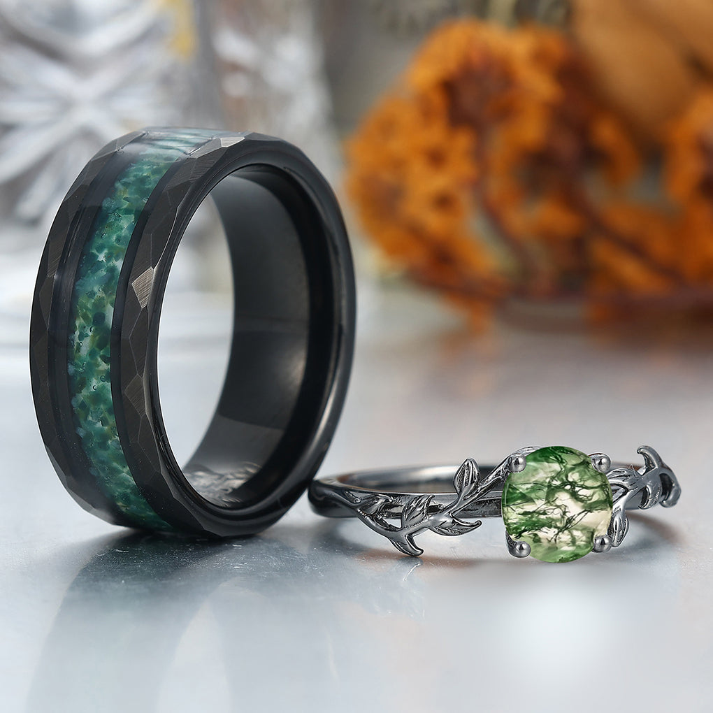Solitaire Round Cut Moss Agate Couples Ring Set Silver And Green Tungsten Matching Ring