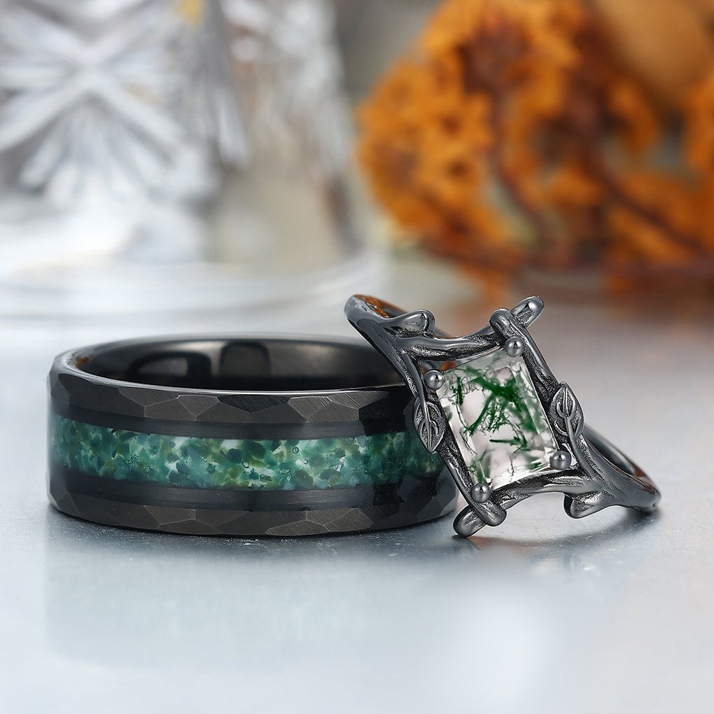 Solitaire Branches Natural Moss Agate Rings For Couples Matching Promise Hammered Tungsten Ring