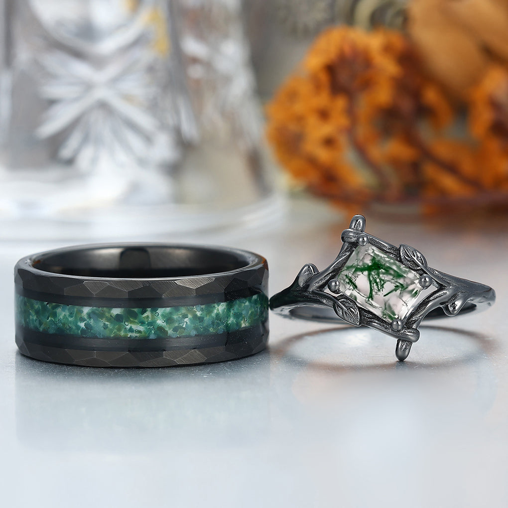 Solitaire Branches Natural Moss Agate Rings For Couples Matching Promise Hammered Tungsten Ring