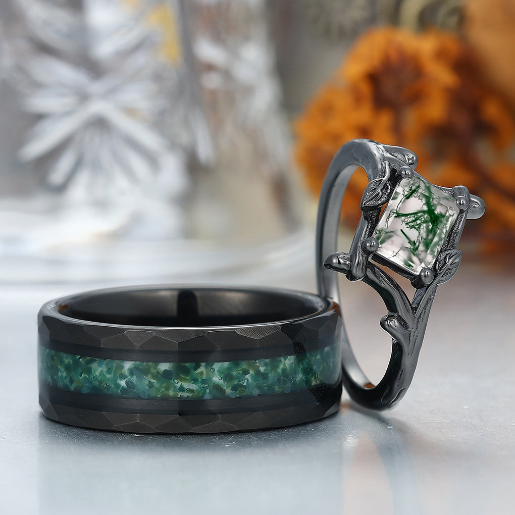 Solitaire Branches Natural Moss Agate Rings For Couples Matching Promise Hammered Tungsten Ring