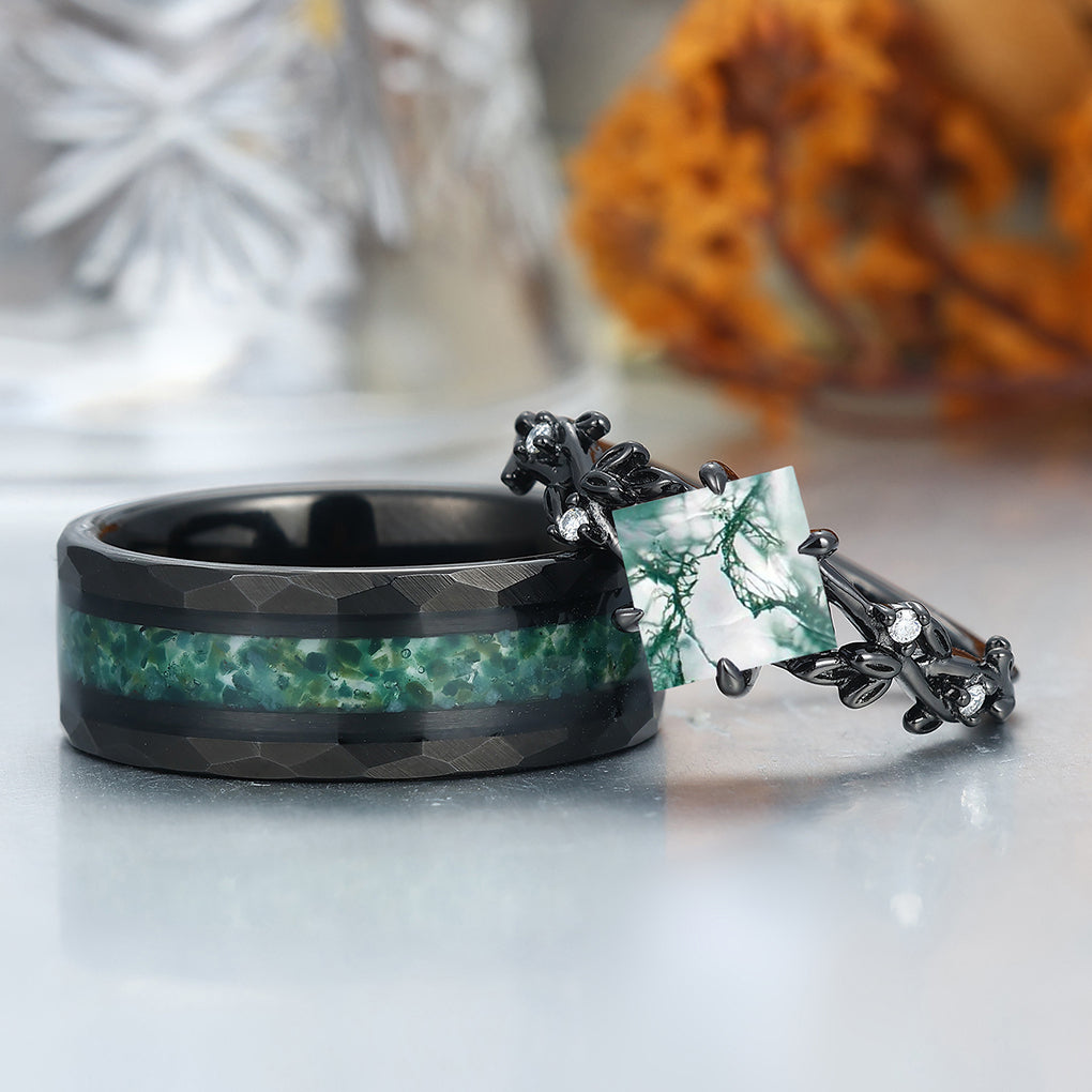 Fascinating Moss Agate Engagement Couples Ring 925 Sterling Silver And Tungsten Matching Ring