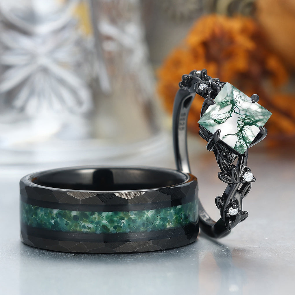 Fascinating Moss Agate Engagement Couples Ring 925 Sterling Silver And Tungsten Matching Ring