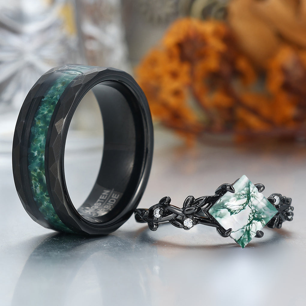 Fascinating Moss Agate Engagement Couples Ring 925 Sterling Silver And Tungsten Matching Ring