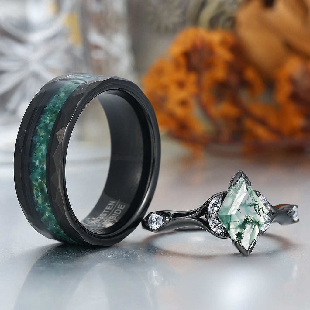 Art Deco Natural Moss Agate Engagement Couples Rings Green Gemstone Tungsten Rings for Couples
