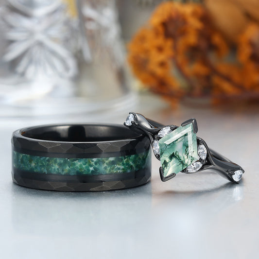Art Deco Natural Moss Agate Engagement Couples Rings Green Gemstone Tungsten Rings for Couples