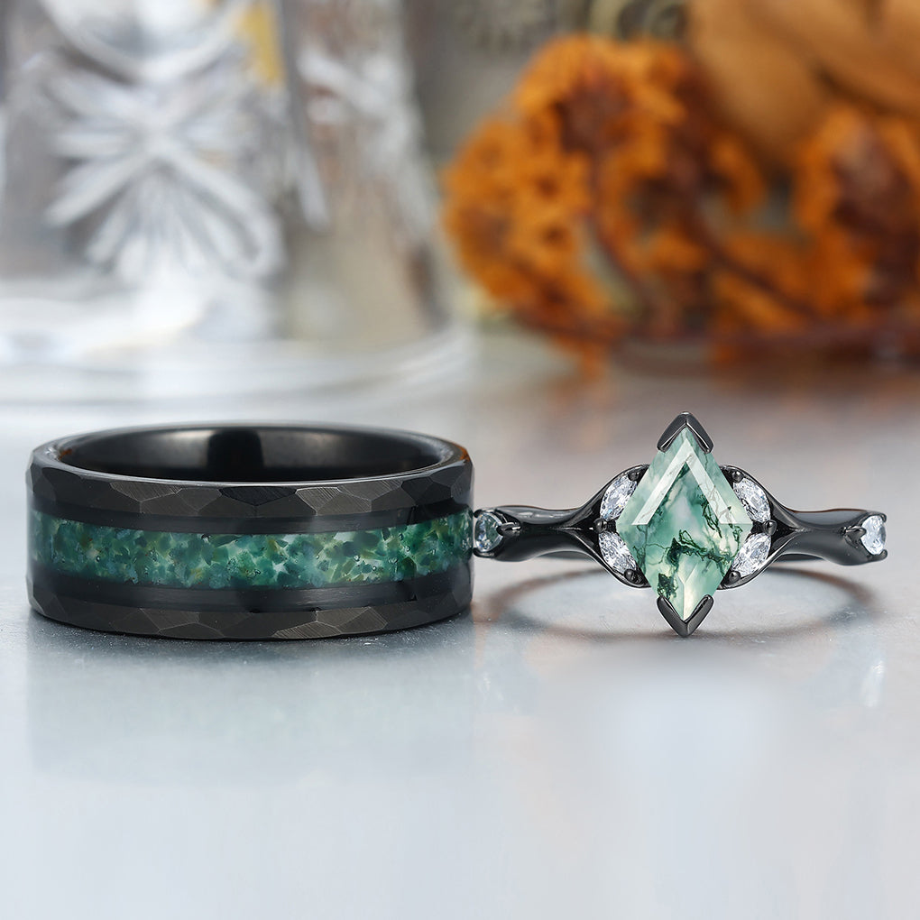 Art Deco Natural Moss Agate Engagement Couples Rings Green Gemstone Tungsten Rings for Couples