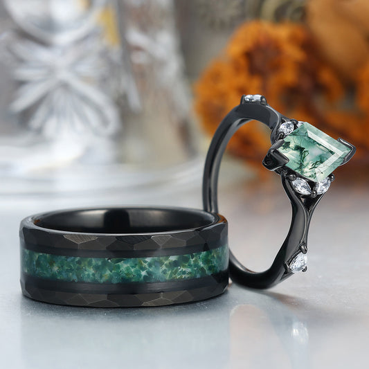 Art Deco Natural Moss Agate Engagement Couples Rings Green Gemstone Tungsten Rings for Couples