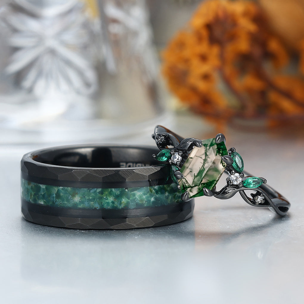 Gorgeous Natural Moss Agate Curved Leaf Couple Rings S925 And Tungsten Couples' Set