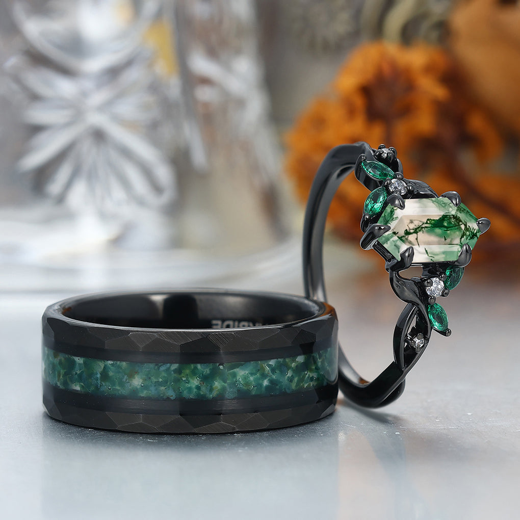 Gorgeous Natural Moss Agate Curved Leaf Couple Rings S925 And Tungsten Couples' Set