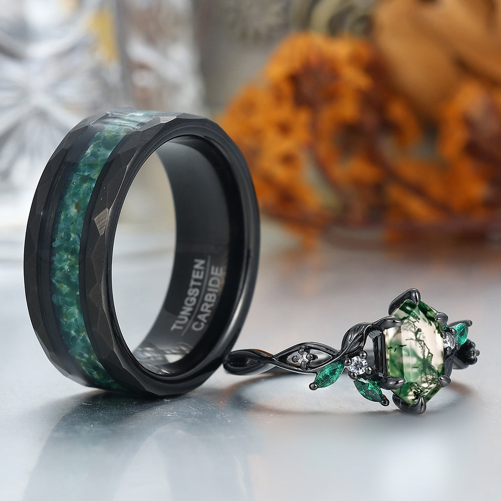 Gorgeous Natural Moss Agate Curved Leaf Couple Rings S925 And Tungsten Couples' Set
