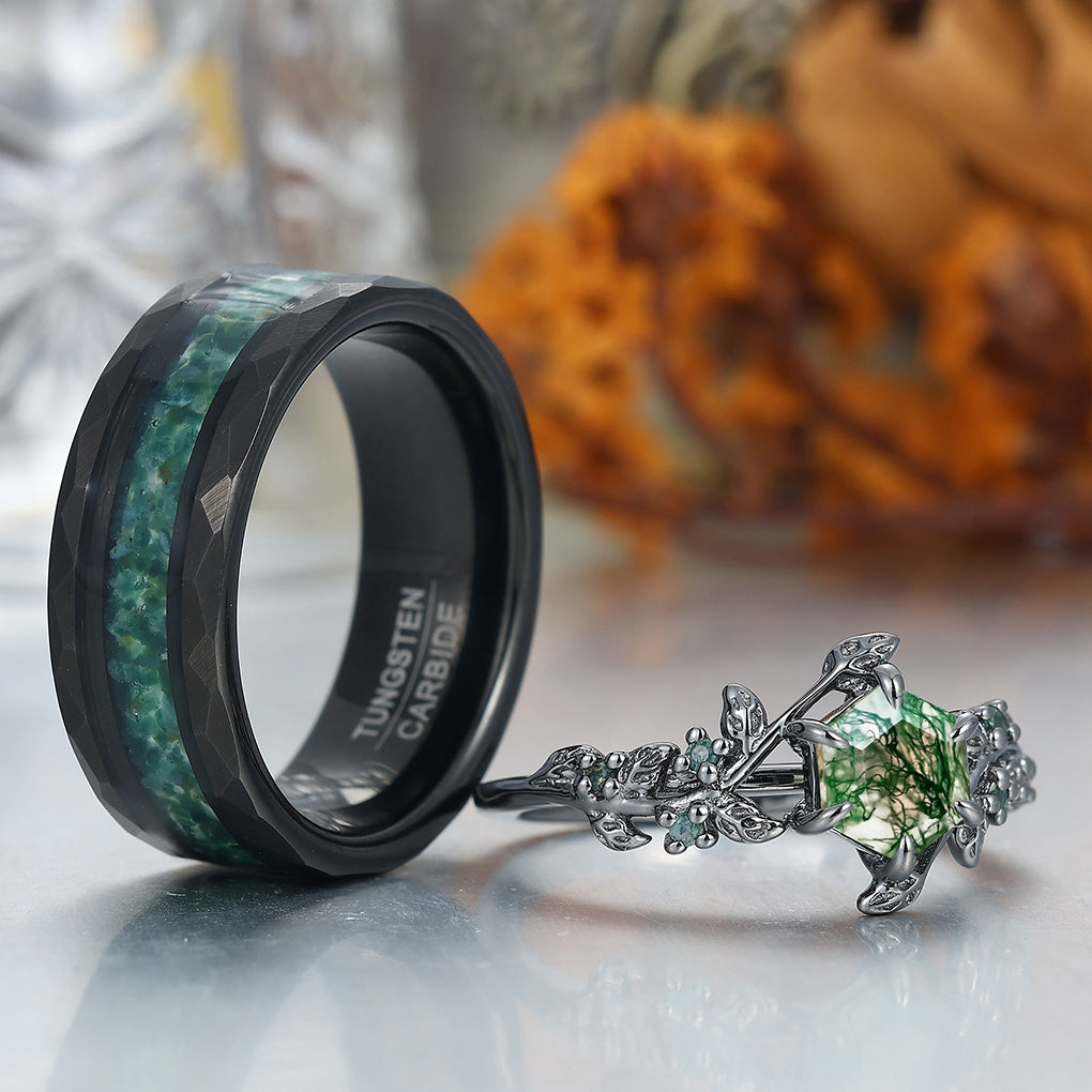 Gorgeous Green Moss Agate Leaf Couples Ring Set His and Hers Wedding Band 925 Sterling Silver
