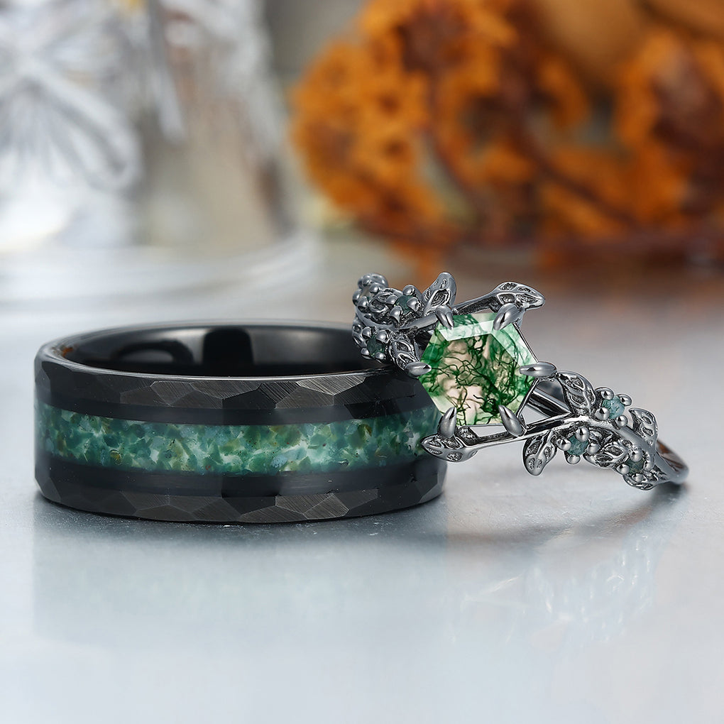 Gorgeous Green Moss Agate Leaf Couples Ring Set His and Hers Wedding Band 925 Sterling Silver