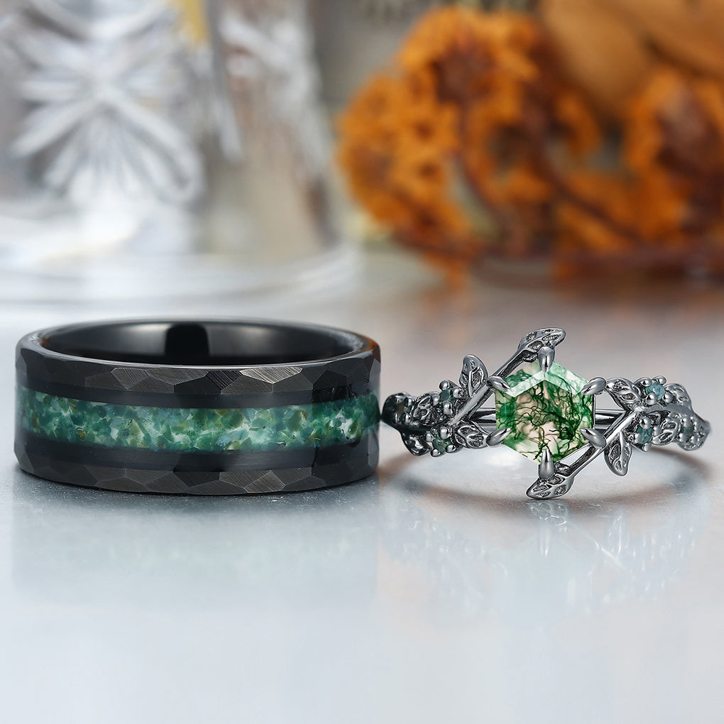 Gorgeous Green Moss Agate Leaf Couples Ring Set His and Hers Wedding Band 925 Sterling Silver