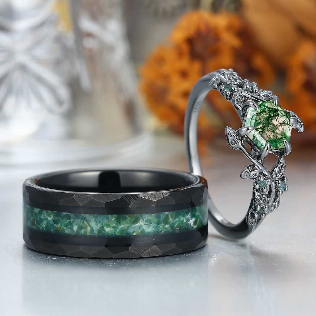 Gorgeous Green Moss Agate Leaf Couples Ring Set His and Hers Wedding Band 925 Sterling Silver