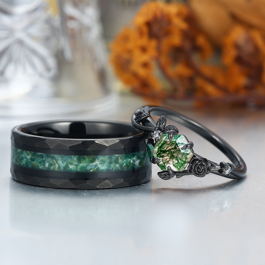 Roses Design Moss Agate Couple Rings Matching Promise Green Tungsten Engagement and Wedding Rings
