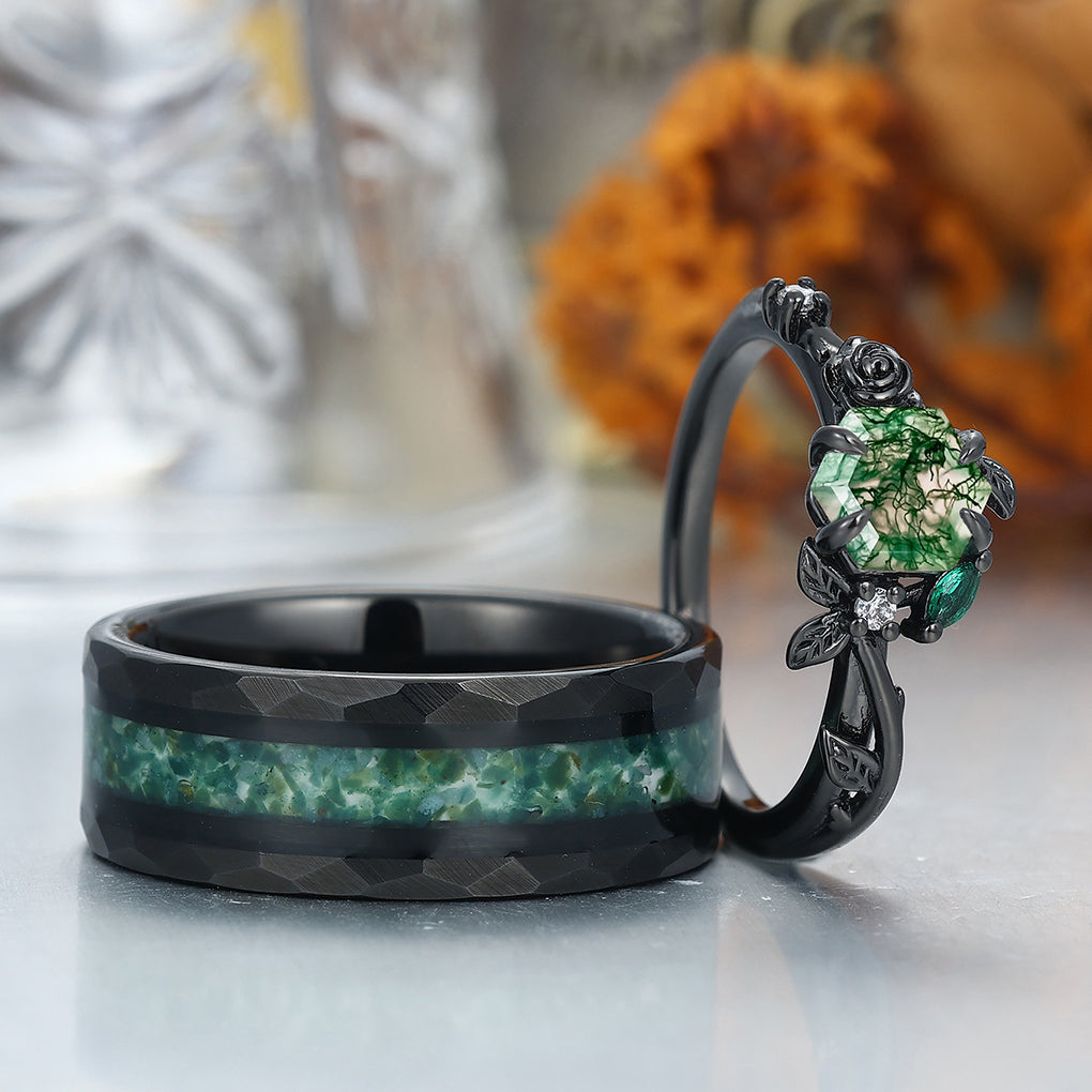 Roses Design Moss Agate Couple Rings Matching Promise Green Tungsten Engagement and Wedding Rings