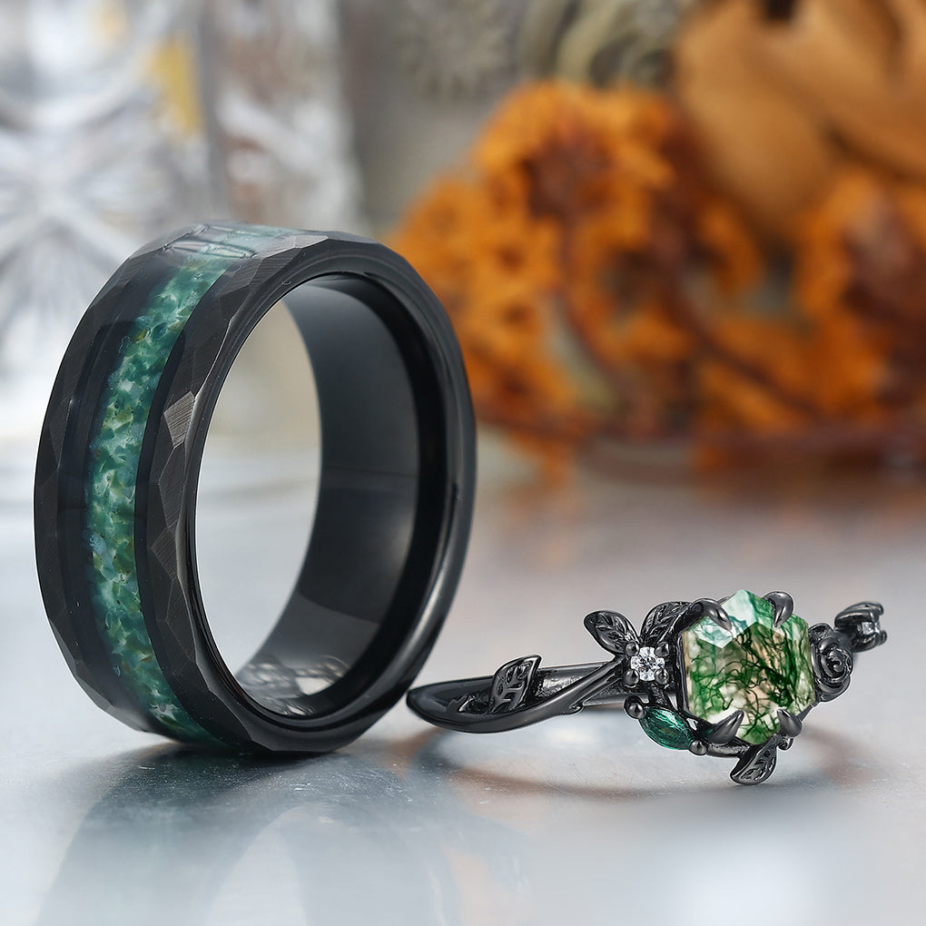 Roses Design Moss Agate Couple Rings Matching Promise Green Tungsten Engagement and Wedding Rings