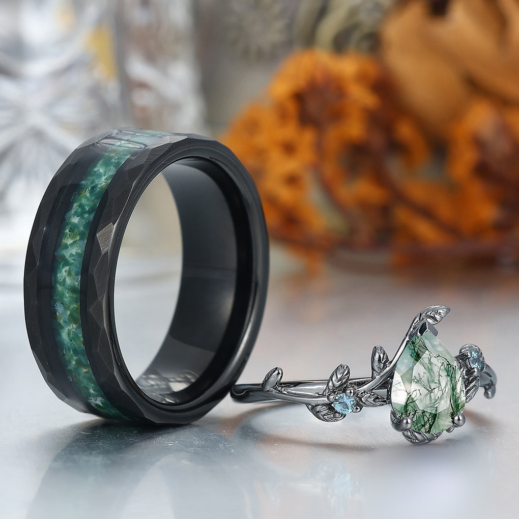Vintage Pear Cut Moss Agate His and Hers Wedding Band Leaf Branch Black Plated Couples Ring
