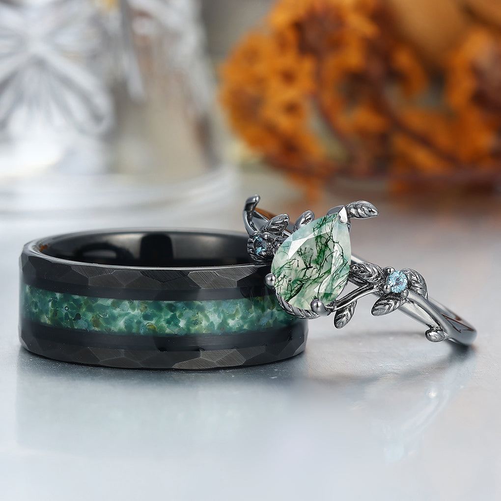Vintage Pear Cut Moss Agate His and Hers Wedding Band Leaf Branch Black Plated Couples Ring