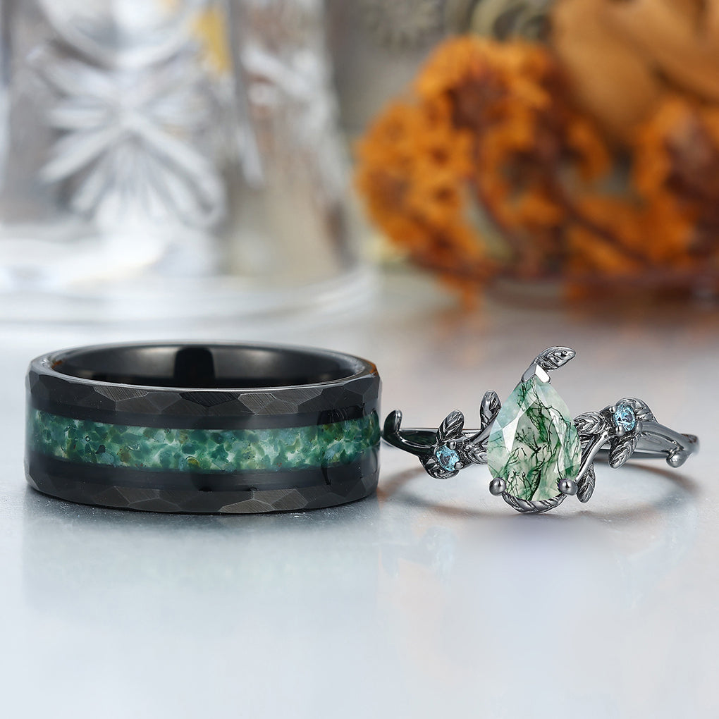 Vintage Pear Cut Moss Agate His and Hers Wedding Band Leaf Branch Black Plated Couples Ring
