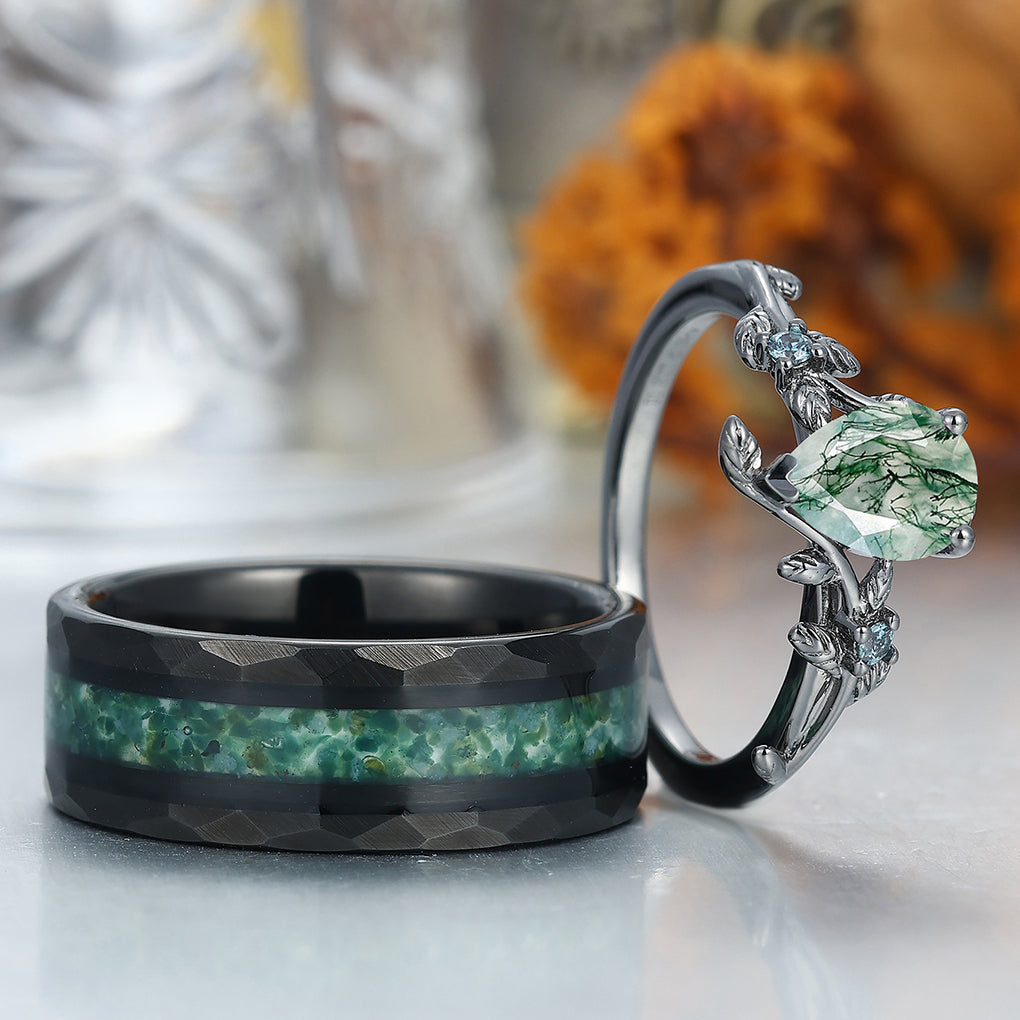 Vintage Pear Cut Moss Agate His and Hers Wedding Band Leaf Branch Black Plated Couples Ring