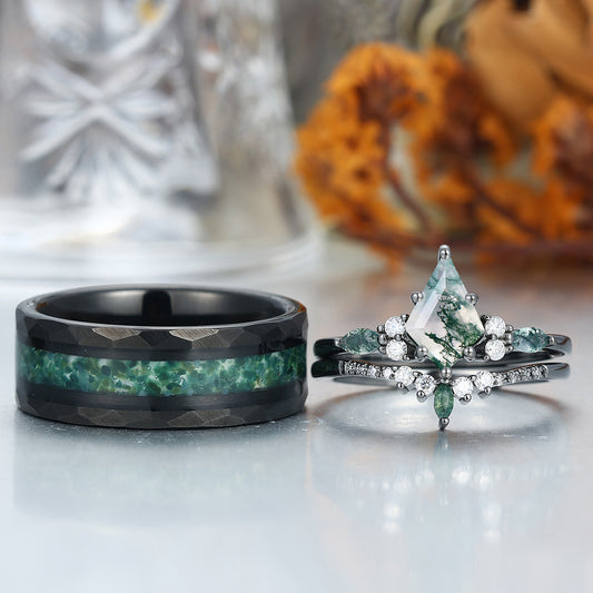 Vintage Kite Shape Green Moss Agate Couples Ring Set 925 Sliver His and Hers Wedding Band