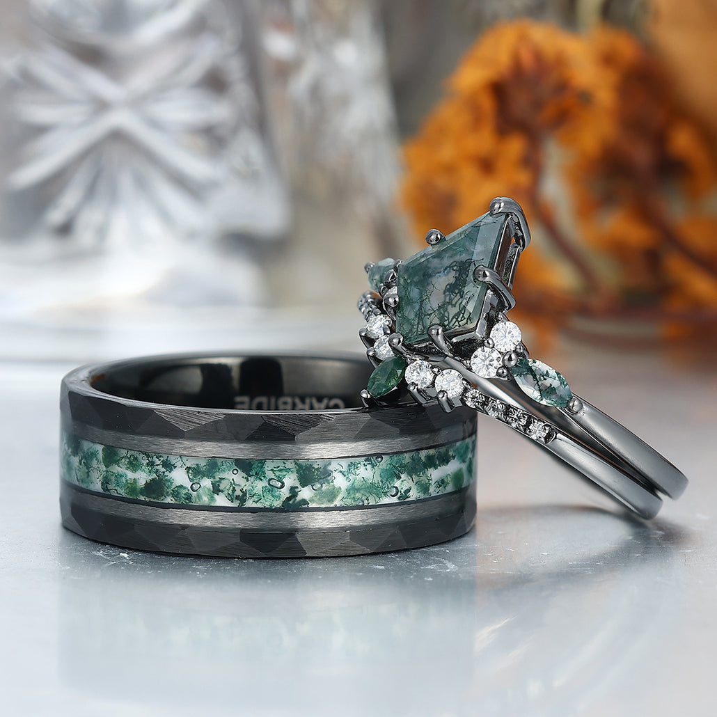 Vintage Kite Green Moss Agate Couple Ring Set 925 Sliver His and Hers Wedding Ring