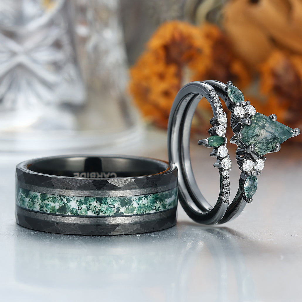 Vintage Kite Green Moss Agate Couple Ring Set 925 Sliver His and Hers Wedding Ring