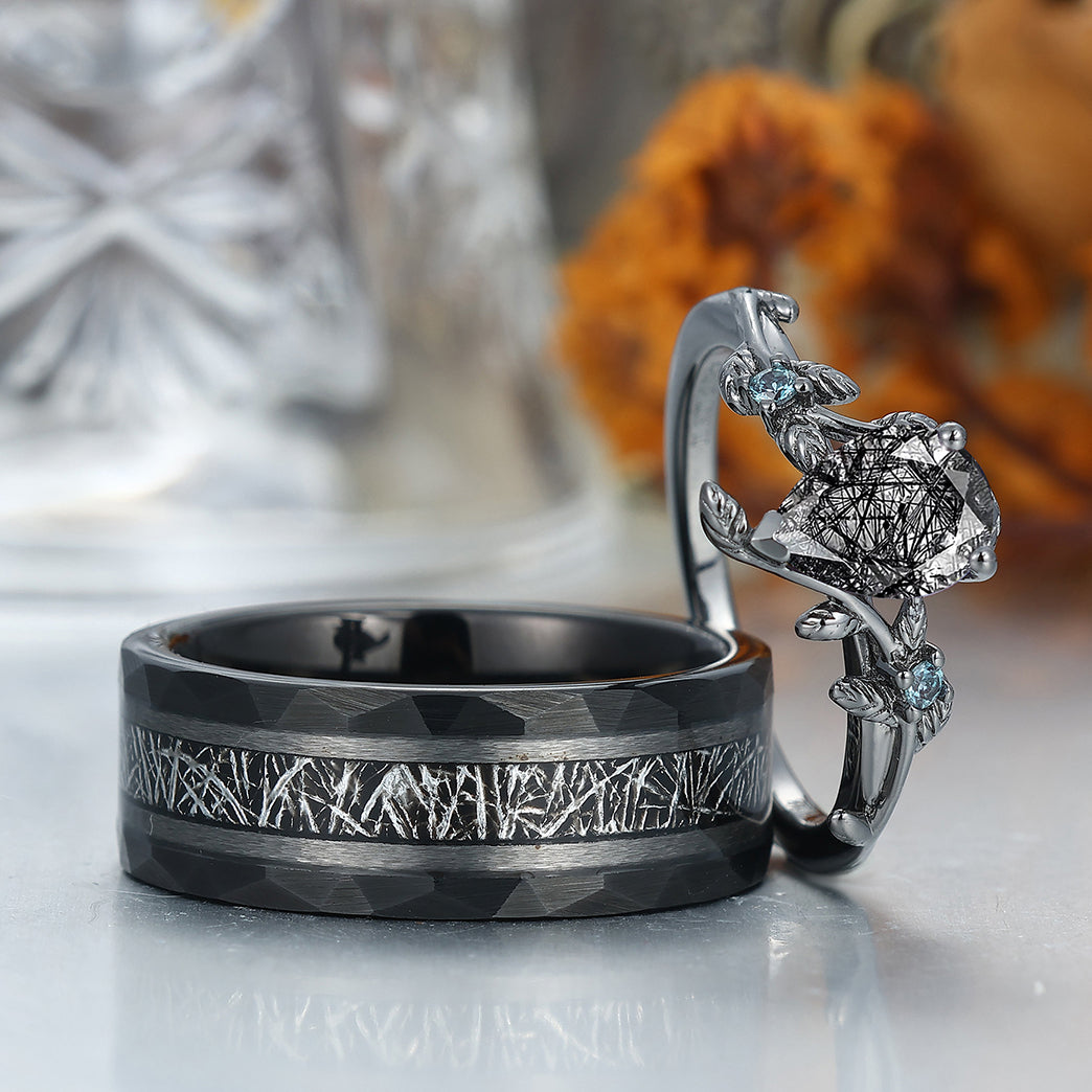 Promise Pear Shape Black Rutilated Quartz Engagement Alexandrite Inlaid Couples Ring Set