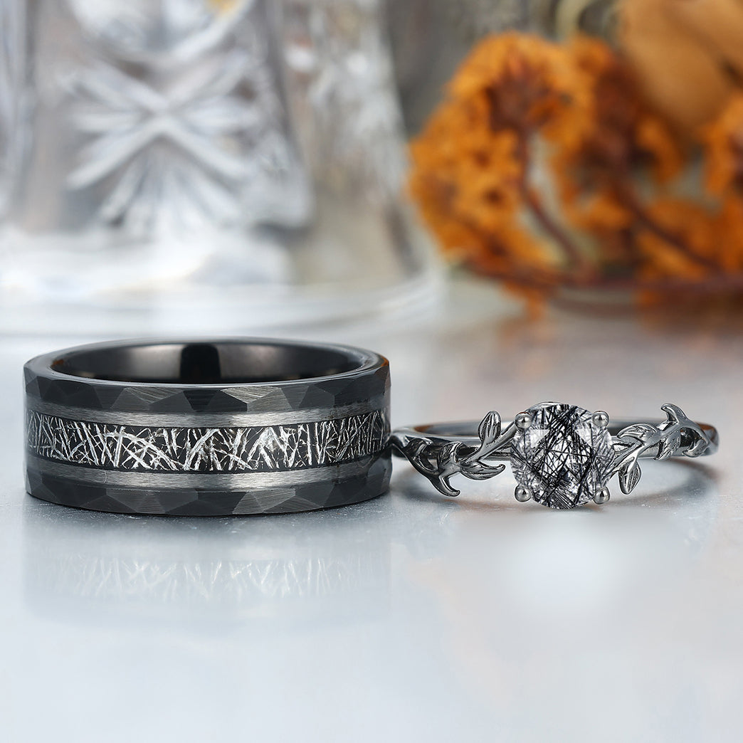 Stylish Black Rutilated Quartz Leaf Engagement Couple Rings Matching Hammered Tungsten Wedding Band