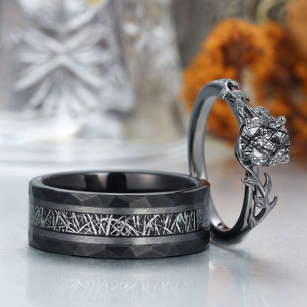Stylish Black Rutilated Quartz Leaf Engagement Couple Rings Matching Hammered Tungsten Wedding Band