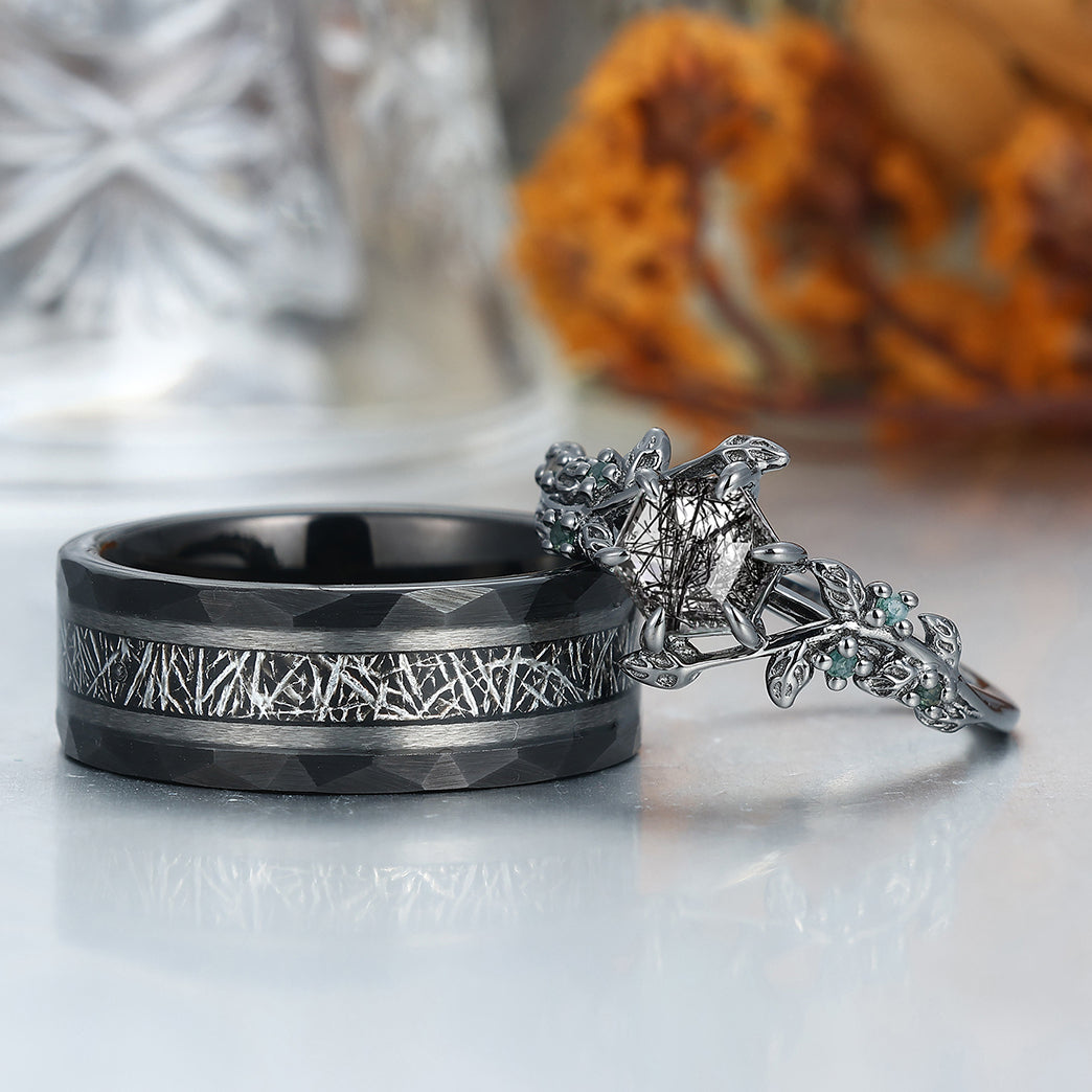 Hexagon Black Rutilated Quartz Leaf Design Couples Ring Set His and Hers Wedding Band