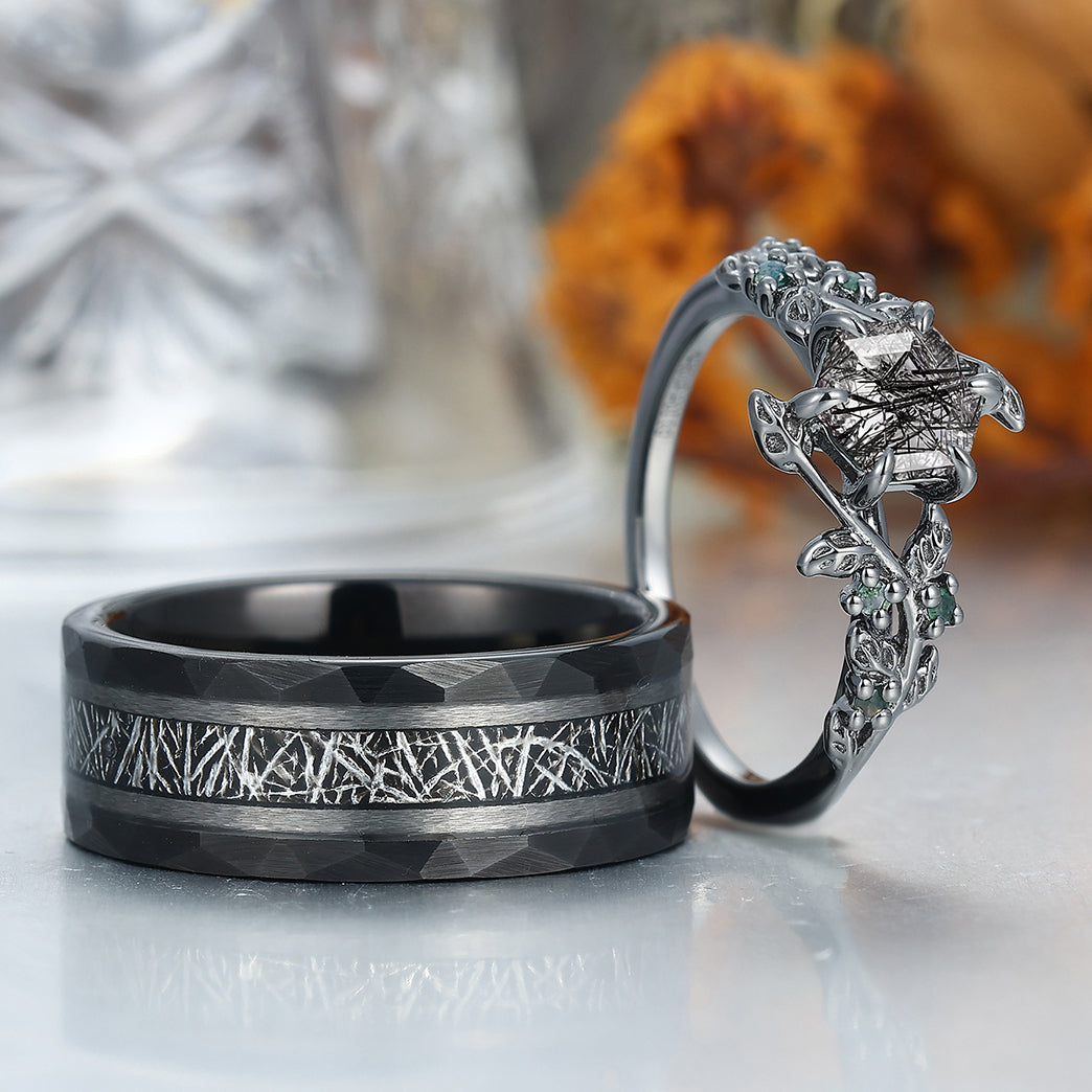 Hexagon Black Rutilated Quartz Leaf Design Couples Ring Set His and Hers Wedding Band