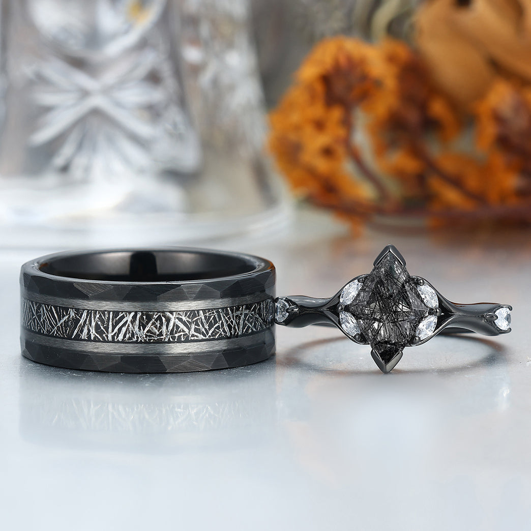 Delicate Black Rutilated Quartz Twisted Engagement Couple Rings Matching Tungsten Wedding Band