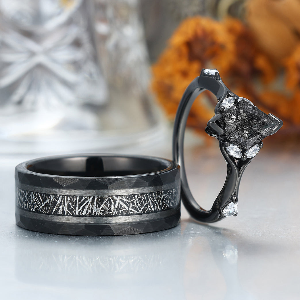 Delicate Black Rutilated Quartz Twisted Engagement Couple Rings Matching Tungsten Wedding Band