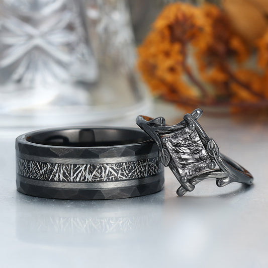 Art Deco Black Rutilated Quartz Branches Engagement Couple Rings Tungsten Black Plated Marriage Ring