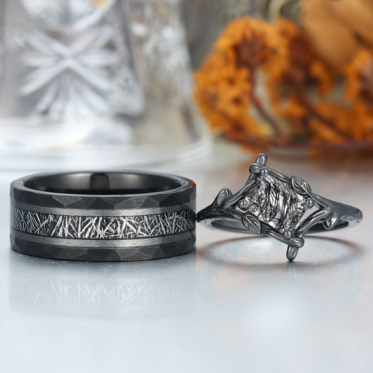 Art Deco Black Rutilated Quartz Branches Engagement Couple Rings Tungsten Black Plated Marriage Ring