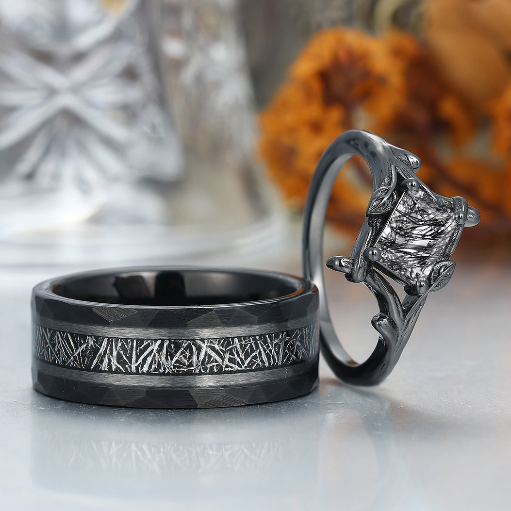 Art Deco Black Rutilated Quartz Branches Engagement Couple Rings Tungsten Black Plated Marriage Ring