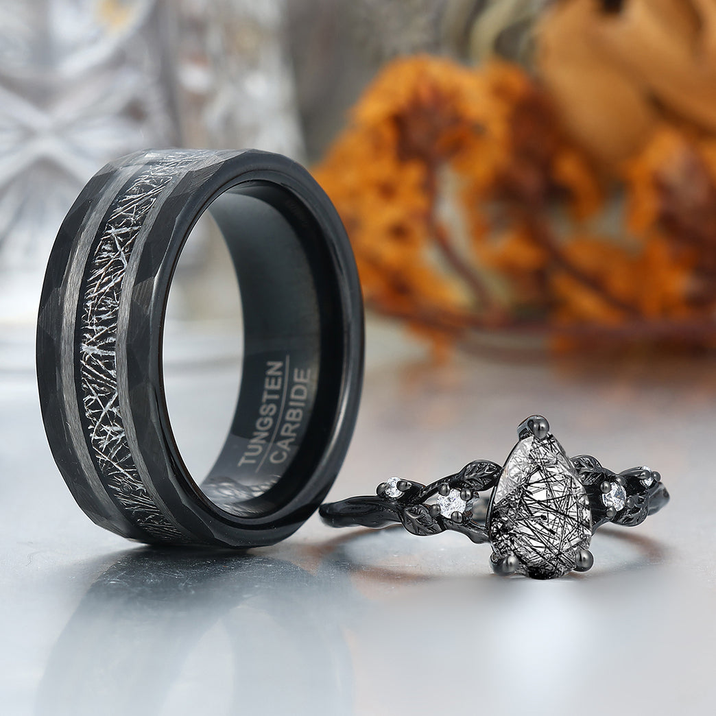 Exquisite Black Rutilated Quartz Leaves Engagement Couple Rings Tungsten Matching Promise Rings