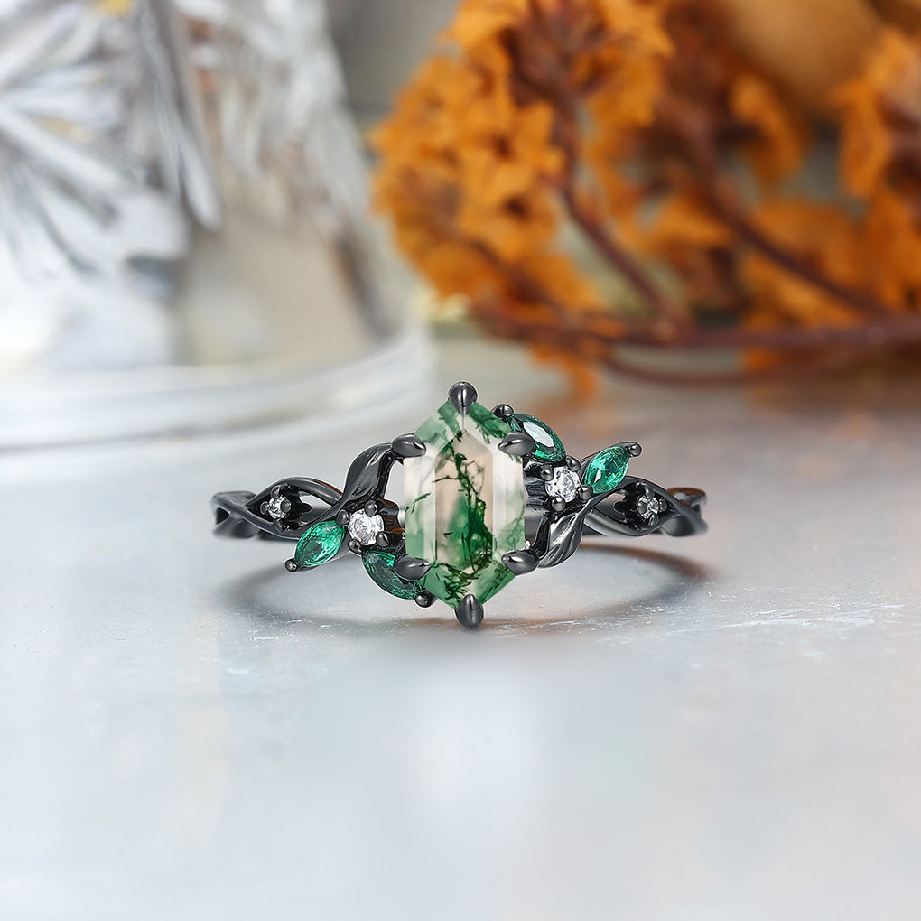 Gorgeous Natural Moss Agate Curved Leaf Couple Rings S925 And Tungsten Couples' Set