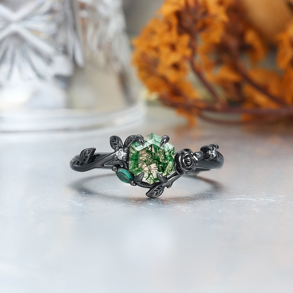 Roses Design Moss Agate Couple Rings Matching Promise Green Tungsten Engagement and Wedding Rings