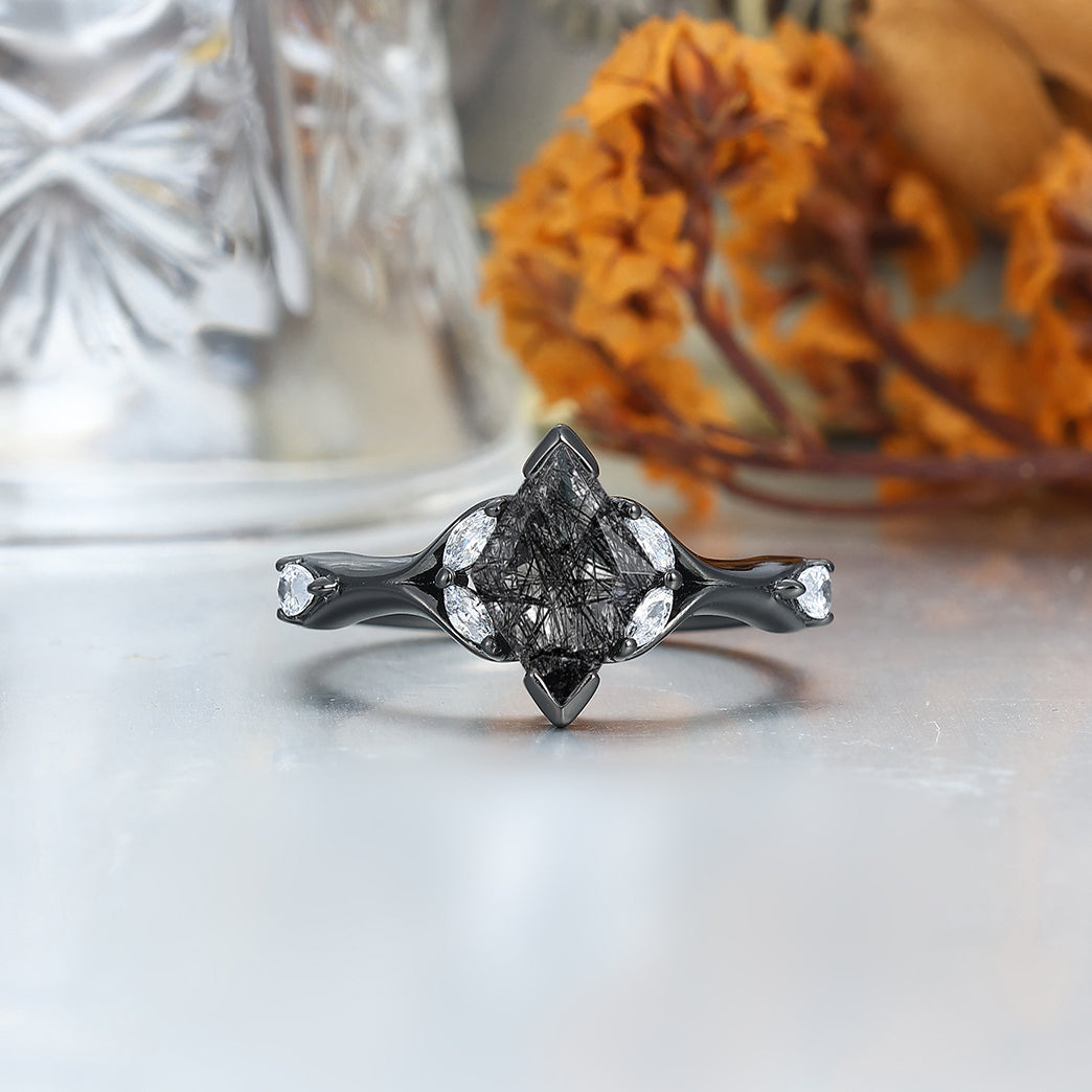 Dainty Black Rutilated Quartz His And Hers Wedding Bands Promise Tungsten Matching Couple Rings