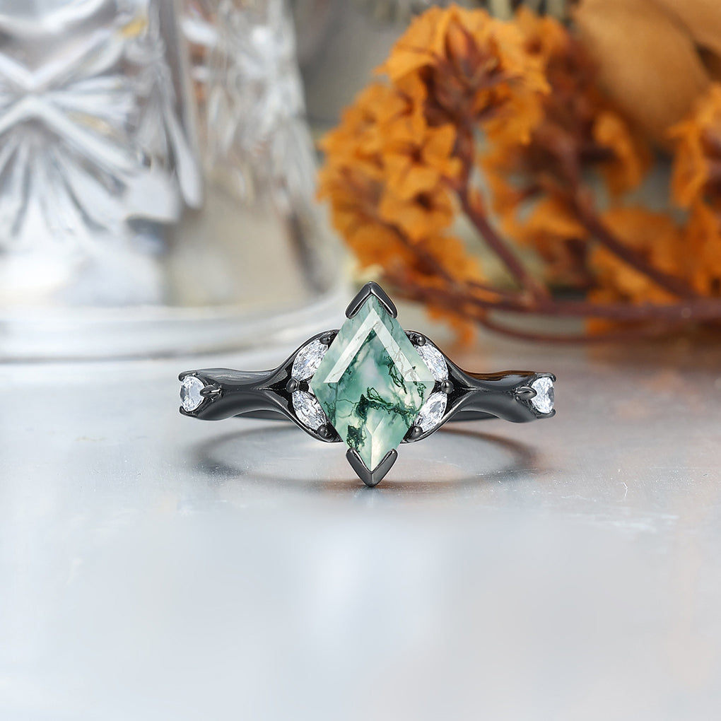 Art Deco Natural Moss Agate Engagement Couples Rings Green Gemstone Tungsten Rings for Couples