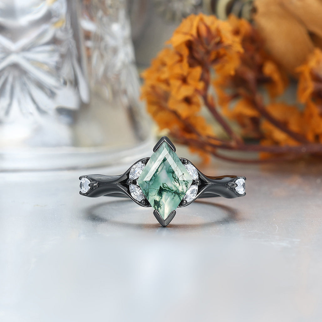 Art Deco Natural Moss Agate Engagement Couples Rings Matching Green Gemstone Hammered Tungsten Matching Rings for Couples